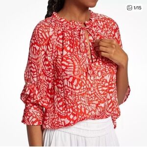 RAMY BROOK Altyn Butterfly Print Tiered Sleeve Blouse Red Metallic size XS